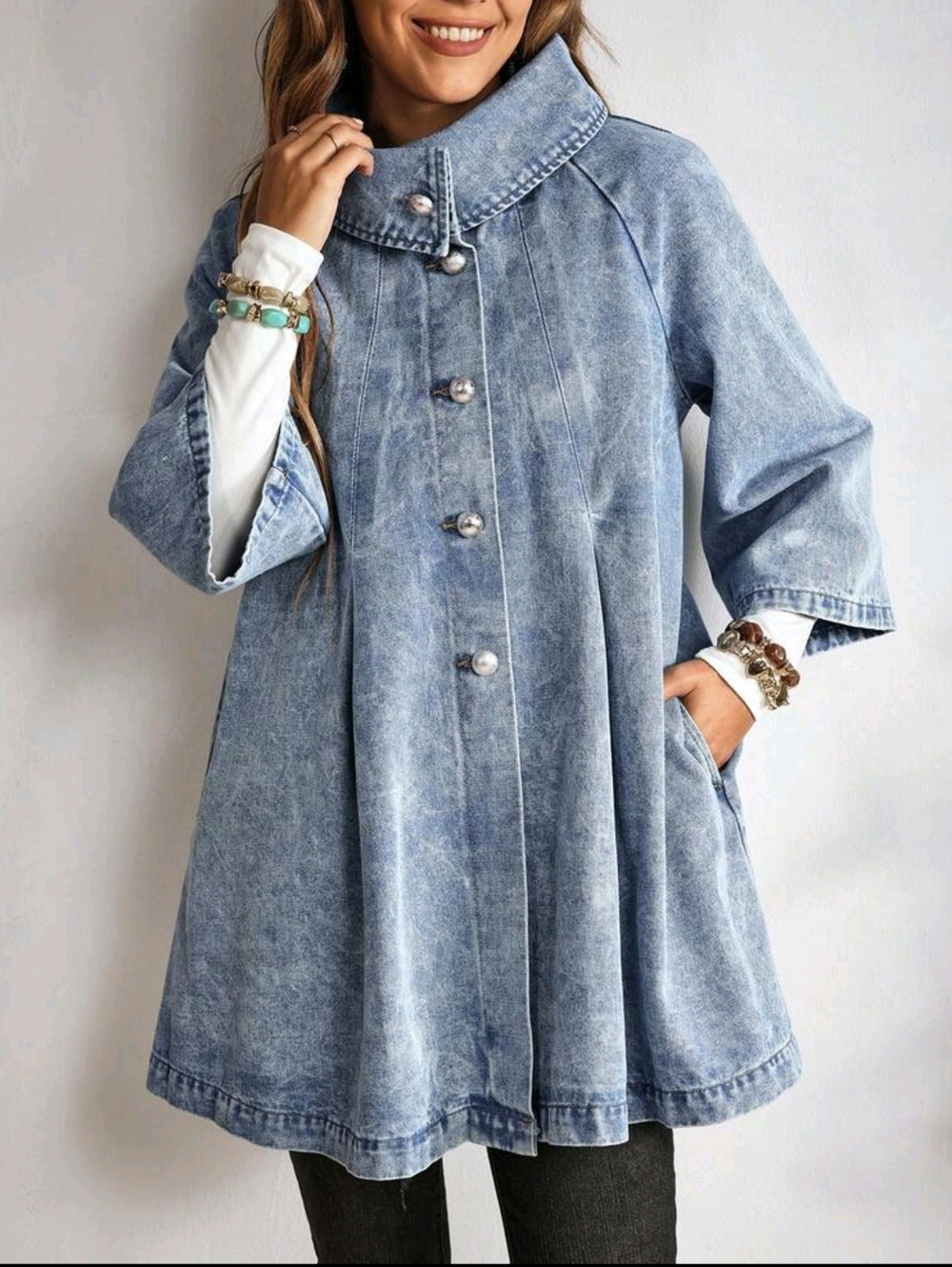 Women's Casual Denim Jacket With Raglan Sleeves And Single-Breasted Closure